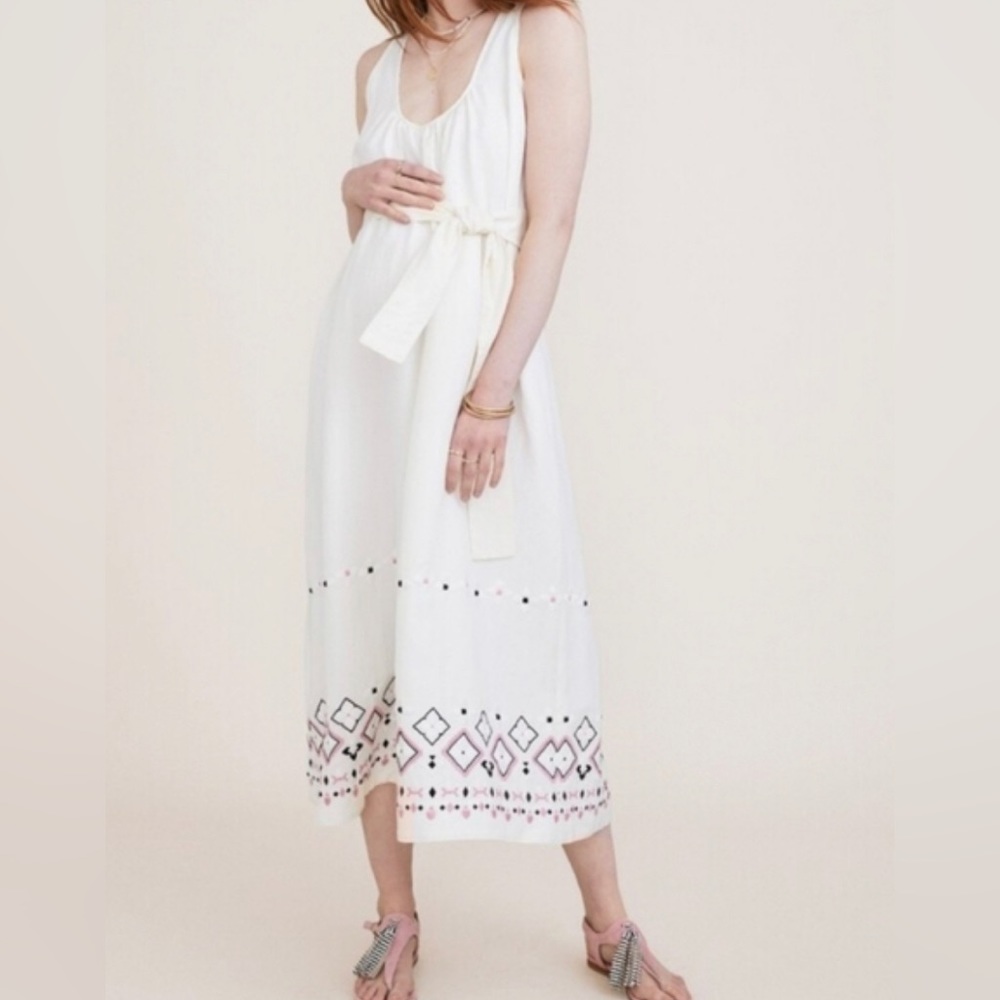 NWT Hatch The Martinique Dress Linen Blend Embroidered Belted Sleeveless Dress 0